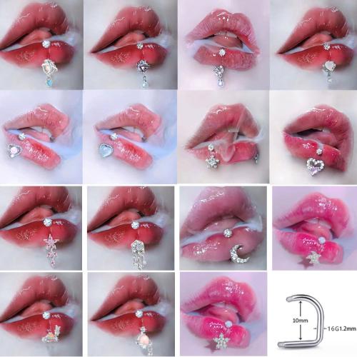 304 Stainless Steel Lip Piercing Stud, with Polymer Clay & Plastic Pearl, Unisex & different styles for choice & micro pave cubic zirconia, 10mm, Sold By PC