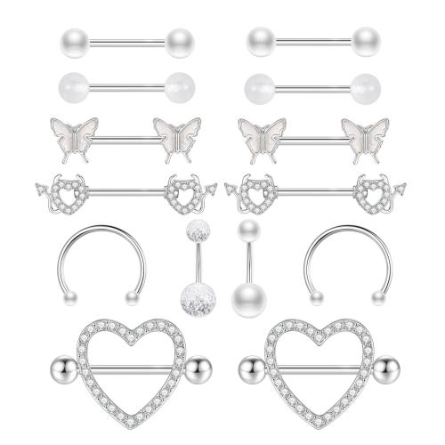 304 Stainless Steel nipple ring, with Plastic Pearl, for woman & with rhinestone, more colors for choice, Sold By Set