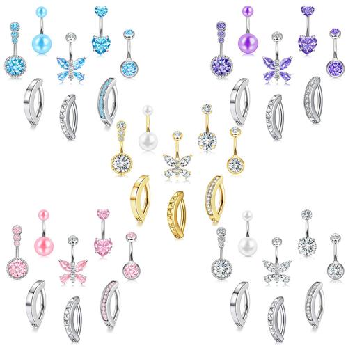 304 Stainless Steel Belly Ring, with Plastic Pearl, 8 pieces & Unisex & micro pave cubic zirconia, more colors for choice, 10mm, Sold By Set