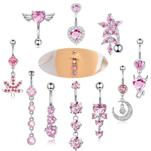 304 Stainless Steel Belly Ring, Unisex & different styles for choice & micro pave cubic zirconia, belly ring length 40-60mm, Sold By PC