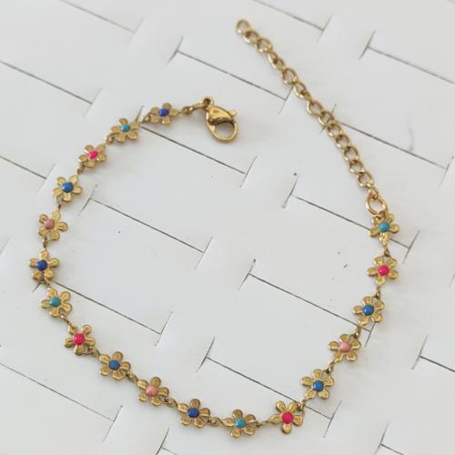 Stainless Steel Jewelry Bracelet, 304 Stainless Steel, Flower, gold color plated, for woman & enamel, multi-colored, Sold By PC