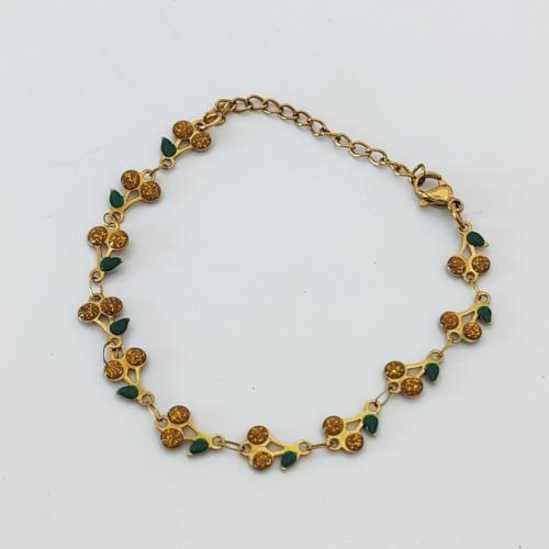 Stainless Steel Jewelry Bracelet, 304 Stainless Steel, Cherry, gold color plated, for woman & enamel, yellow, Sold By PC