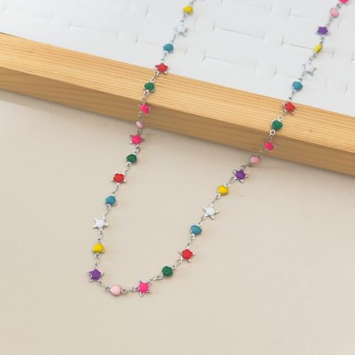 Stainless Steel Chain Necklace, 304 Stainless Steel, Star, silver color plated, for woman & enamel, multi-colored, Sold By PC