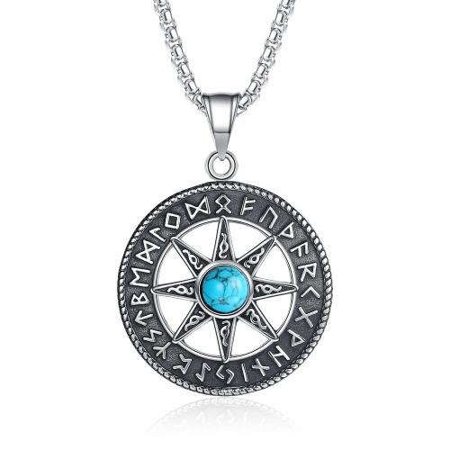 Stainless Steel Jewelry Necklace, 304 Stainless Steel, with Turquoise, Antique finish, fashion jewelry & for man & hollow, original color, Length:60 cm, Sold By PC