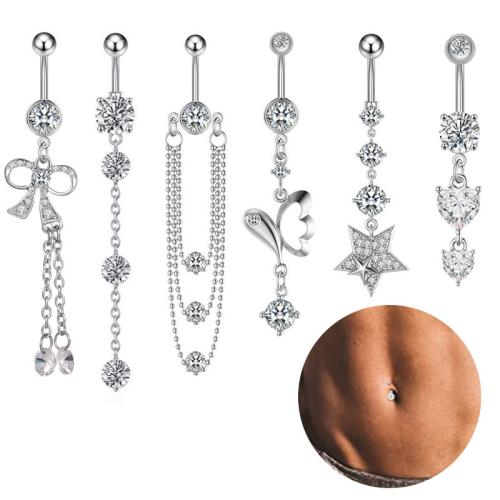 304 Stainless Steel Belly Ring, Unisex & different styles for choice & micro pave cubic zirconia, belly ring length 30-50mm, Sold By PC