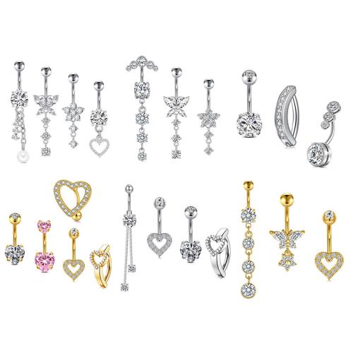 304 Stainless Steel Belly Ring, plated, Unisex & different styles for choice & micro pave cubic zirconia, Sold By Set