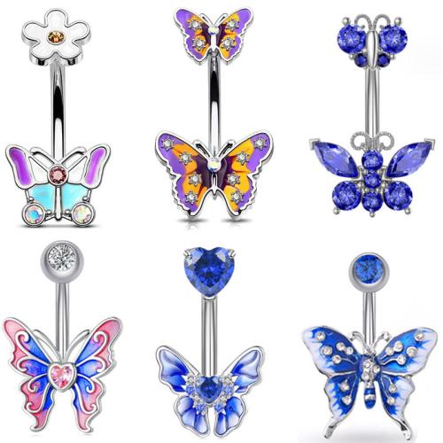 304 Stainless Steel Belly Ring, Butterfly, Unisex & different styles for choice & micro pave cubic zirconia & enamel, 10mm, Sold By PC