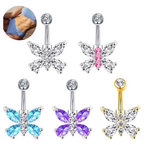 Brass Belly Ring, Butterfly, plated, Unisex & micro pave cubic zirconia, more colors for choice, 10mm, Sold By PC