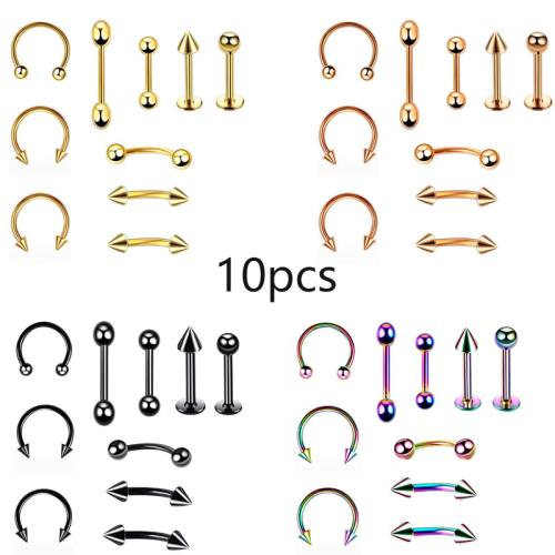 304 Stainless Steel Body Piercing Jewelry Set, plated, 10 pieces & for woman, more colors for choice, Sold By Set