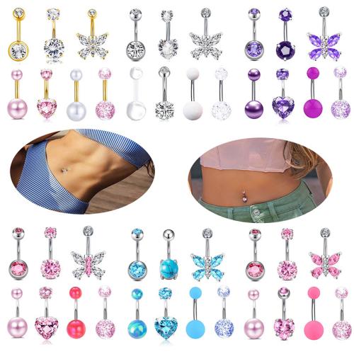 304 Stainless Steel Belly Ring, with Acrylic, Unisex & micro pave cubic zirconia, more colors for choice, belly ring length 20-25mm, Sold By Set