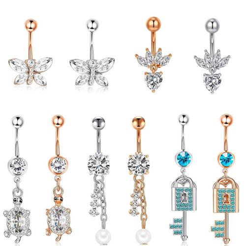 304 Stainless Steel Belly Ring, plated, Unisex & different styles for choice & micro pave cubic zirconia, belly ring length 20-50mm, Sold By PC