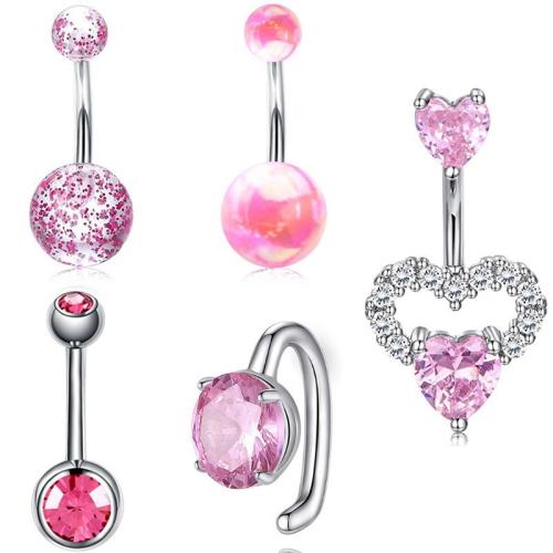 304 Stainless Steel Belly Ring, with Acrylic, 5 pieces & Unisex & micro pave cubic zirconia, pink, belly ring length 20-30mm, Sold By Set