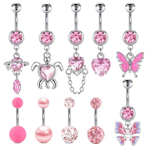 304 Stainless Steel Belly Ring, with Polymer Clay & Rubber & Plastic Pearl, Unisex & different styles for choice & micro pave cubic zirconia & enamel, pink, belly ring length 20-50mm, Sold By PC