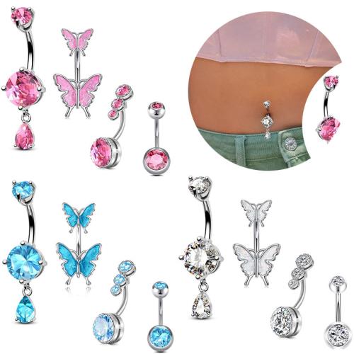 304 Stainless Steel Belly Ring, Unisex & micro pave cubic zirconia & enamel, more colors for choice, belly ring length 20-30mm, Sold By Set