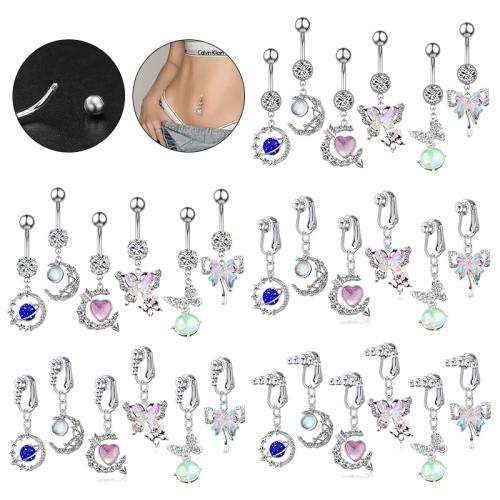 Zinklegierung Bauchnabelpiercing, mit 304 Edelstahl, unisex & verschiedene Stile für Wahl & Micro pave Zirkonia & Emaille, belly ring length 40-50mm, verkauft von PC