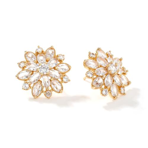 Cubic Zirconia Micro Pave Brass Earring, Flower, plated, fashion jewelry & micro pave cubic zirconia & for woman, more colors for choice, Sold By Pair