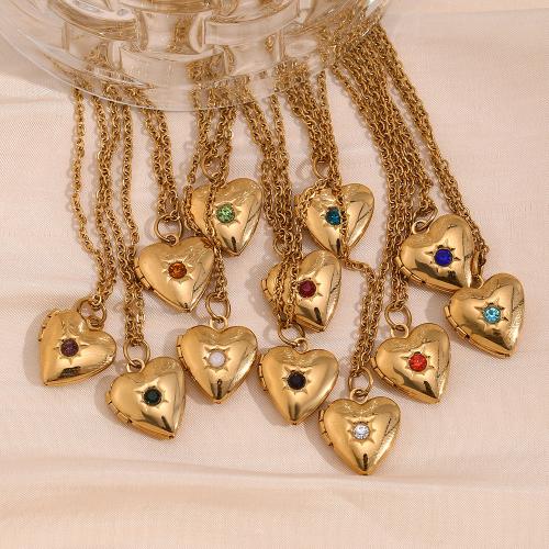 Fashion Locket Necklace, 304 Stainless Steel, Heart, gold color plated, for woman & with rhinestone, more colors for choice, Sold By PC