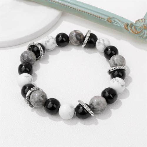 Gemstone Bracelets, Map Stone, with Magnesite & Elastic Thread, Round, silver color plated, Unisex, black, Sold By PC