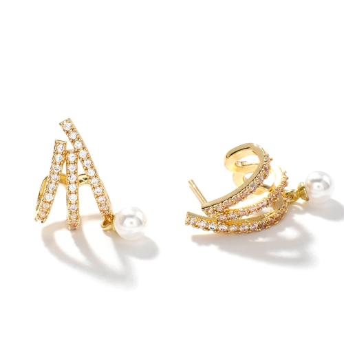 Boucles d'oreilles en laiton zircon cubique pavent, avec perle de plastique, Placage, pavé de micro zircon & pour femme & creux, plus de couleurs à choisir, Vendu par paire