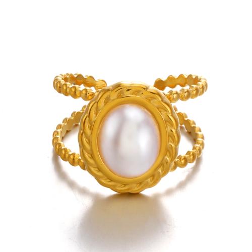 Stainless Steel Finger Ring, 304 Stainless Steel, with Plastic Pearl, plated, fashion jewelry & for woman & hollow, golden, Sold By PC