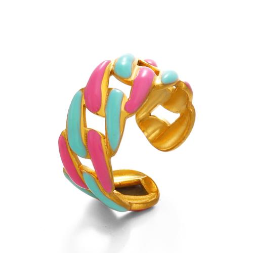 Enamel Stainless Steel Finger Ring, 304 Stainless Steel, gold color plated, for woman & hollow, multi-colored, Sold By PC