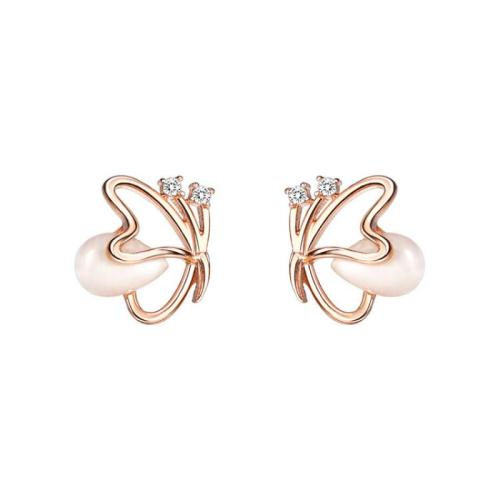 925 Sterling Silver Stud Earring, with Cats Eye, Butterfly, rose gold color plated, fashion jewelry & for woman & with rhinestone, 15mm, Sold By Pair