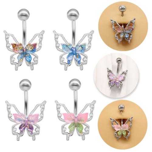 Tibetan Style Belly Ring, with Resin, Butterfly, plated, Unisex & with rhinestone & hollow, more colors for choice, Sold By PC