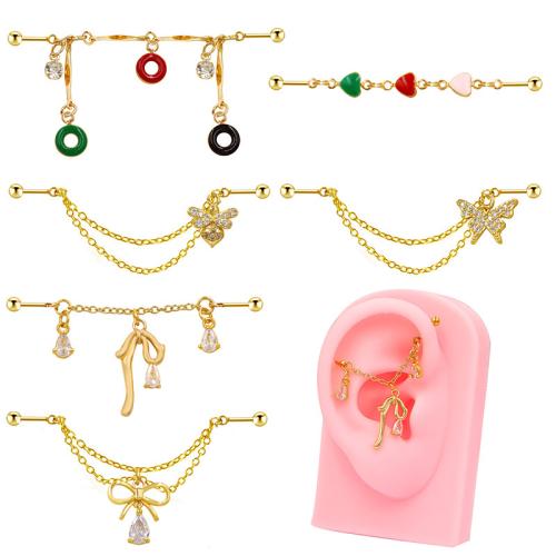 Acier titane piercing oreille, Placage de couleur d'or, unisexe & styles différents pour le choix & autocollant époxyde & avec strass, Vendu par PC