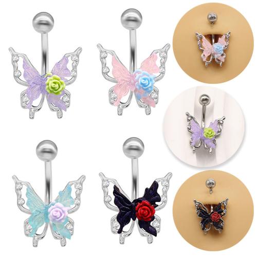 Tibetan Style Belly Ring, with Resin, Butterfly, plated, Unisex & with rhinestone & hollow, more colors for choice, Sold By PC