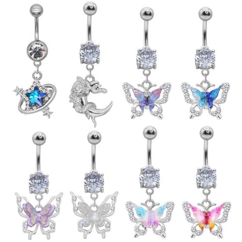 Tibetan Style Belly Ring, with Acrylic, Butterfly, plated, Unisex & different styles for choice & with rhinestone, Sold By PC