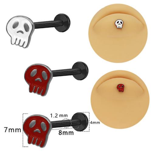 Brass Lip Piercing Stud, with 304 Stainless Steel, Skull, plated, Unisex & enamel, more colors for choice, Sold By PC