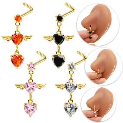 Acier inoxydable 304 Bijoux de Piercing de Nez, coeur, Placage de couleur d'or, unisexe & pavé de micro zircon, plus de couleurs à choisir, 26mm, Vendu par PC