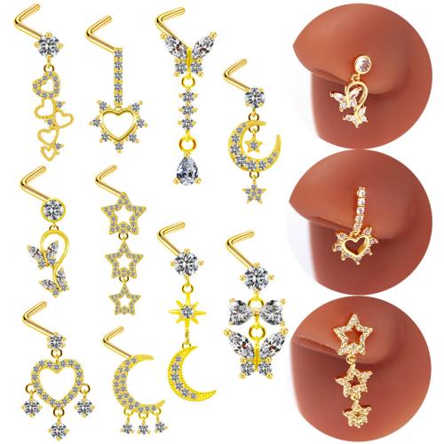 316L Stainless Steel Nose Piercing Jewelry, gold color plated, Unisex & different styles for choice & with rhinestone, Sold By PC