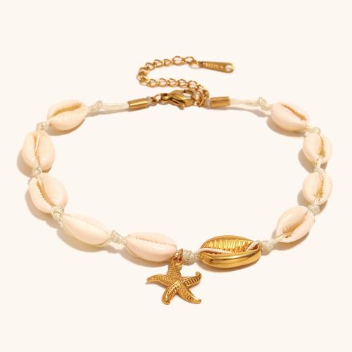 Stainless Steel Anklet, 304 Stainless Steel, with Shell, Starfish, gold color plated, for woman, Sold By PC