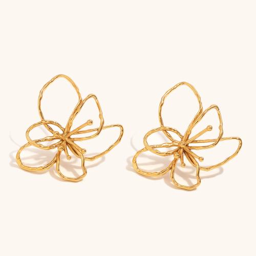 Stainless Steel Stud Earrings, 304 Stainless Steel, Flower, gold color plated, for woman, Sold By Pair