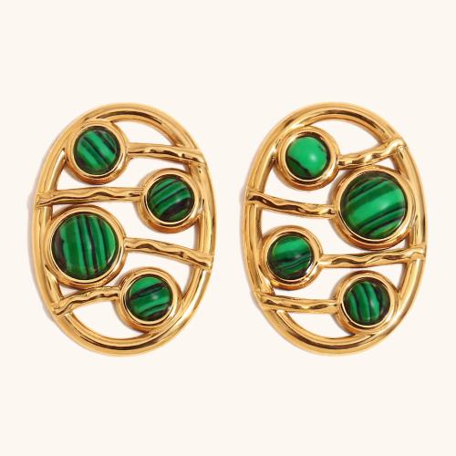 Stainless Steel Stud Earrings, 304 Stainless Steel, with Malachite, gold color plated, DIY, green, Sold By Pair