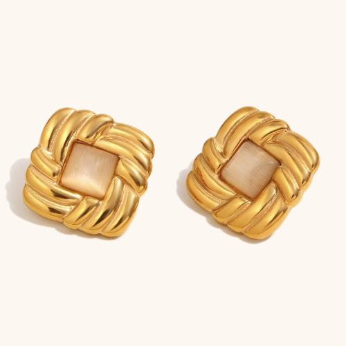 Stainless Steel Stud Earrings, 304 Stainless Steel, with Cats Eye,  Square, gold color plated, for woman, Sold By Pair