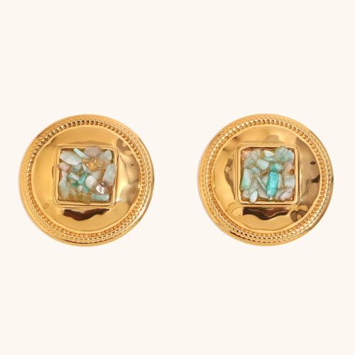 Stainless Steel Stud Earrings, 304 Stainless Steel, with turquoise, Round, gold color plated, for woman, Sold By Pair