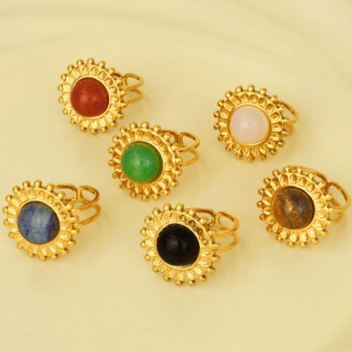 Stainless Steel Finger Ring, 304 Stainless Steel, with Gemstone, Flower, gold color plated, for woman, more colors for choice, Sold By PC