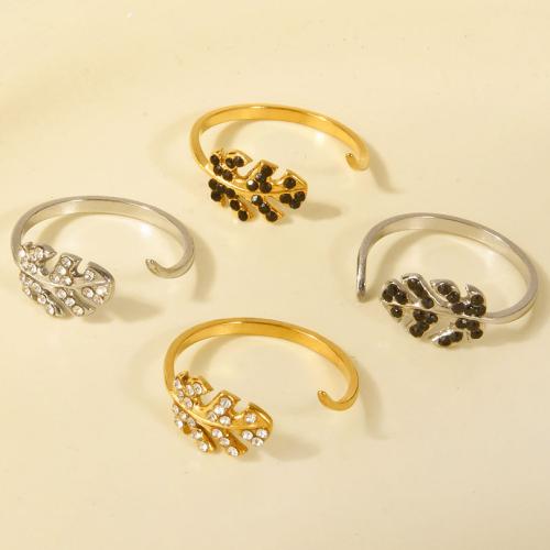 Rhinestone Stainless Steel Finger Ring, 304 Stainless Steel, Leaf, plated, for woman & with rhinestone, more colors for choice, Sold By PC