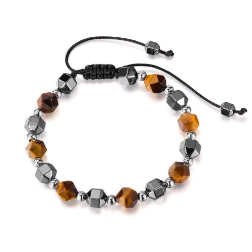 Gemstone Bracelets, 304 Stainless Steel, with Wax Cord & Tiger Eye & Hematite, polished, fashion jewelry & Unisex, Length:285 mm, Sold By PC