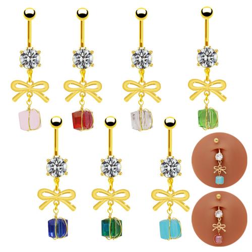 Titanium Steel Belly Ring, with Acrylic, Bowknot, gold color plated, Unisex & with rhinestone, more colors for choice, Sold By PC