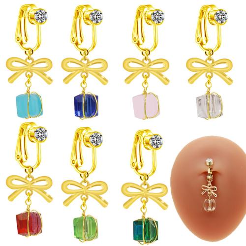 Tibetan Style Belly Ring, with Acrylic, Bowknot, gold color plated, Unisex & with rhinestone, more colors for choice, Sold By PC