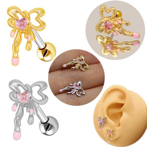 316L Stainless Steel Piercing Earring, Bowknot, plated, Unisex & enamel & with rhinestone, more colors for choice, 15mm, Sold By PC