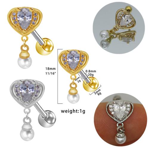 Titanium Steel Piercing Earring, with Plastic Pearl, Heart, plated, Unisex & with rhinestone, more colors for choice, 18mm, Sold By PC