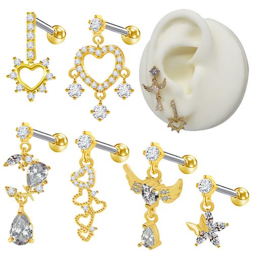 Titanium Steel Piercing Earring, gold color plated, Unisex & different styles for choice & with rhinestone, Sold By PC