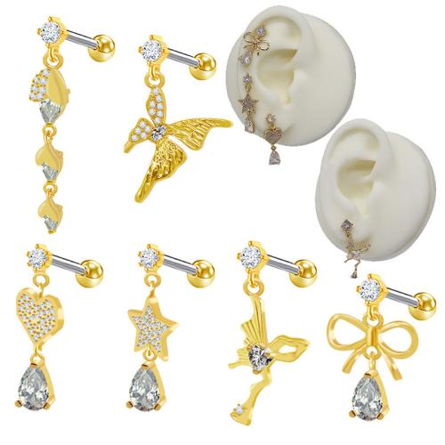 Acier titane piercing oreille, Placage de couleur d'or, unisexe & styles différents pour le choix & pavé de micro zircon, Vendu par PC