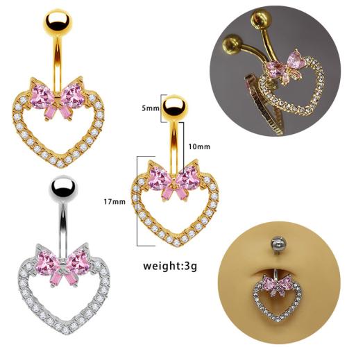 Tibetan Style Belly Ring, Heart, plated, Unisex & with rhinestone, more colors for choice, Sold By PC