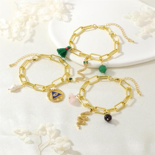 Bracelets de pierres précieuses, laiton, avec pierre gemme & perle d'eau douce cultivée, Placage de couleur d'or, bijoux de mode & pavé de micro zircon & pour femme & émail, plus de couleurs à choisir, protéger l'environnement, sans nickel, plomb et cadmium, Longueur:Environ 16-22 cm, Vendu par PC