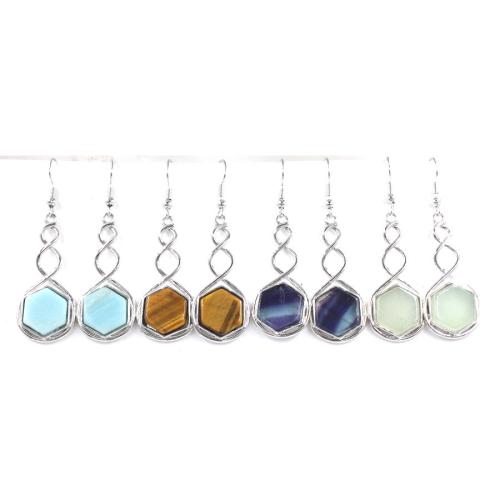 Natural Gemstone Earrings, 304 Stainless Steel, with Natural Stone, Hexagon, silver color plated, different materials for choice & for woman, more colors for choice, 17x38mm, Sold By Pair